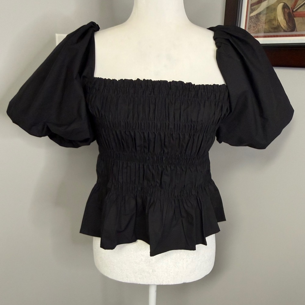 ASTR The Label Black Smocked Puff Sleeve Peplum Top Square Neck Small NWT